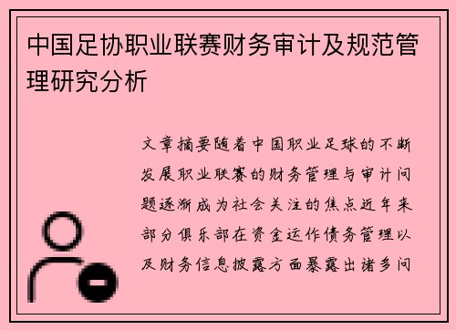 中国足协职业联赛财务审计及规范管理研究分析 中国足协职业联赛财务审计及规范管理研究分析